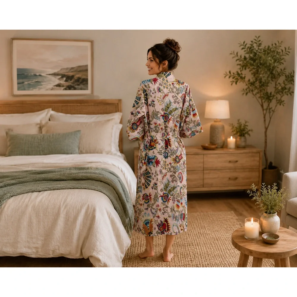 Pink Floral Kimono Robe One Size Boho Spa Lounge Cover Up Sleepwear Vacation